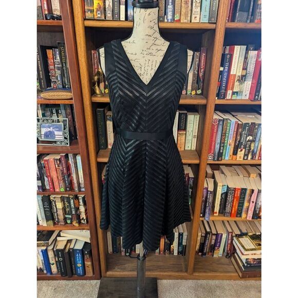 Karen Millen Dresses & Skirts - Karen Millen Black Mesh Faux Leather Chevron Stripe Fit Flare Dress Women’s 6
